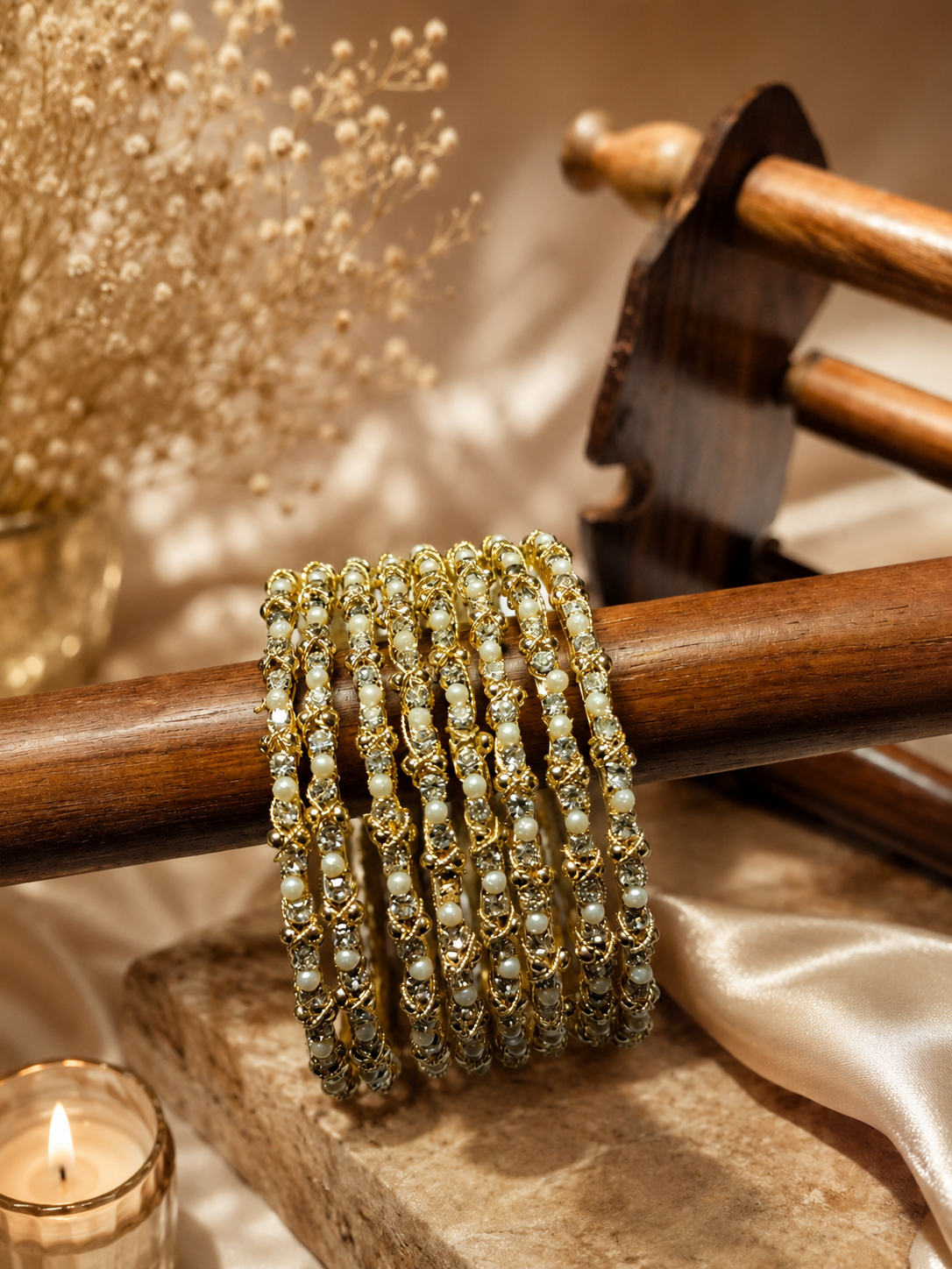Golden Blossom Stone Bangles | Designer Metal Bangle Set