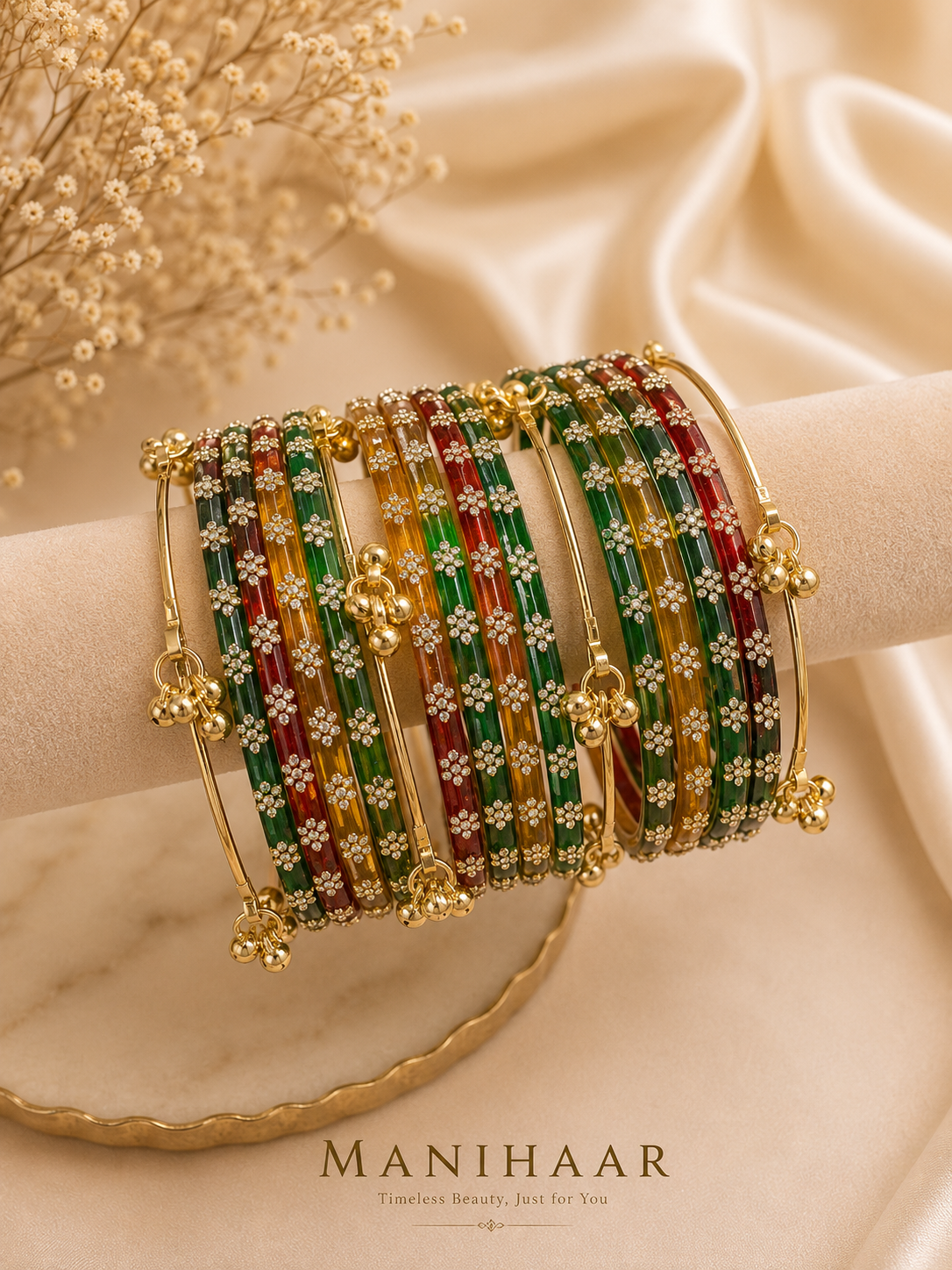 Premium Multi glass Bangles with Kashmiri Ghungroo (single hand)
