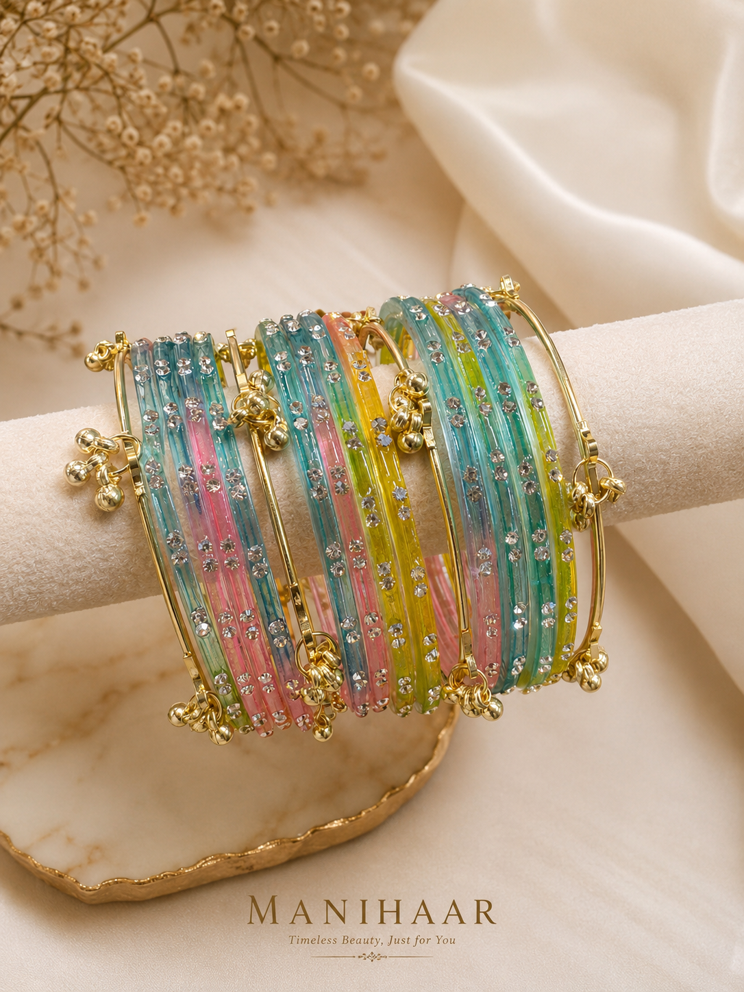 Raindrop Bangles with Kashmiri Ghungroo | Luxury Collection Multi Color (single hand)