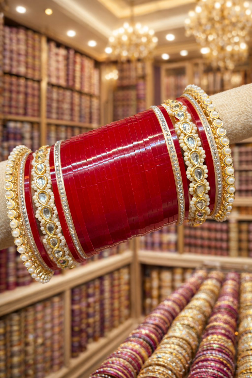 Wedding pearl kundan chooda with pacheli bangles