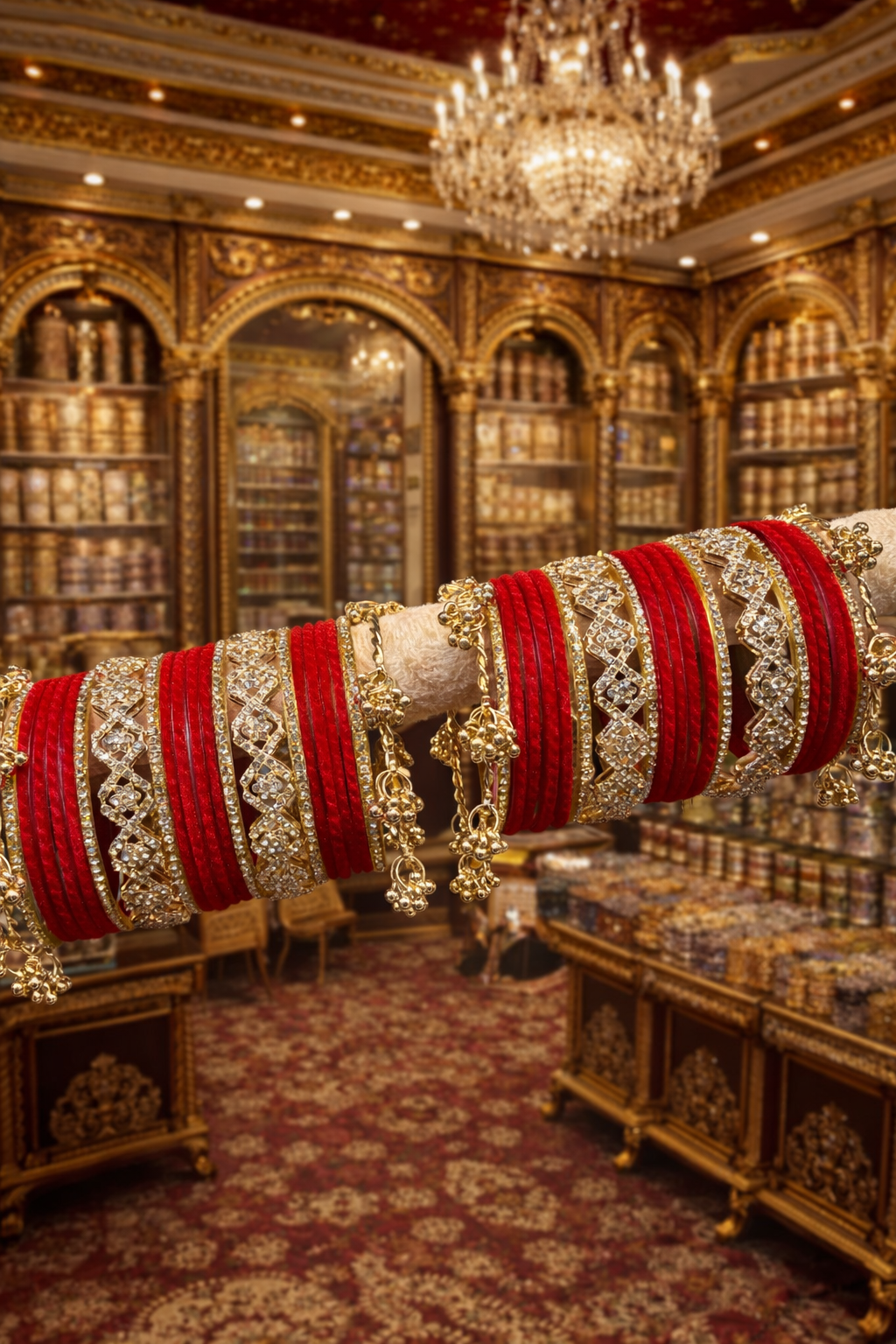 Traditional American Diamond Kade Bangle Set with Ghungroo Accents