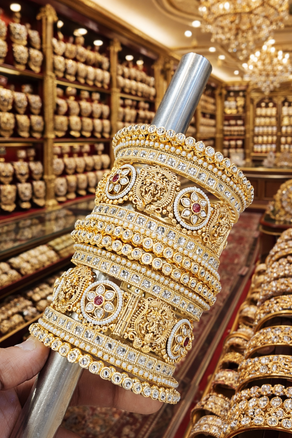 Traditional Rajwadi Bridal Jewelry Set with Gold Kundan and Openable Kada