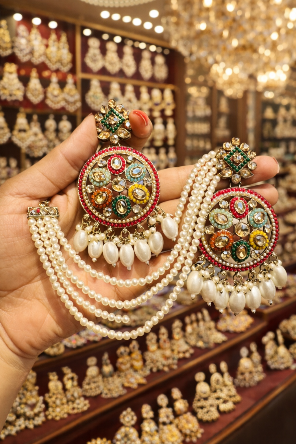 Multicolour Kundan Pearl Hairchain Earrings
