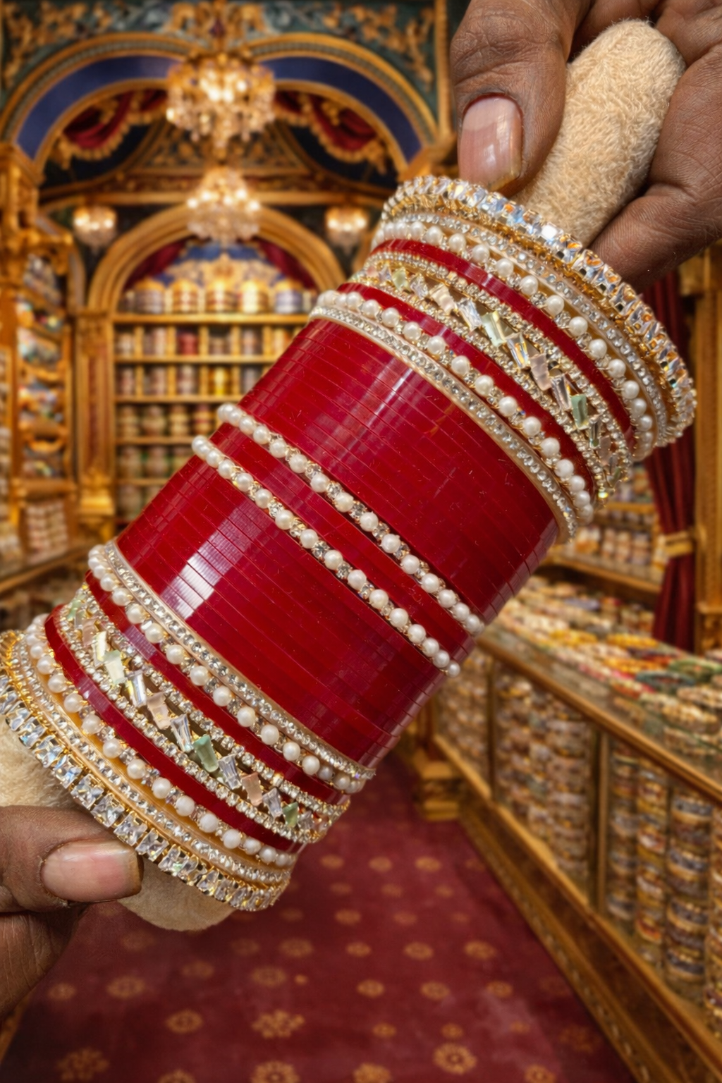 Classic American Diamond Pearl Wedding Chooda Set with Designer Pacheli