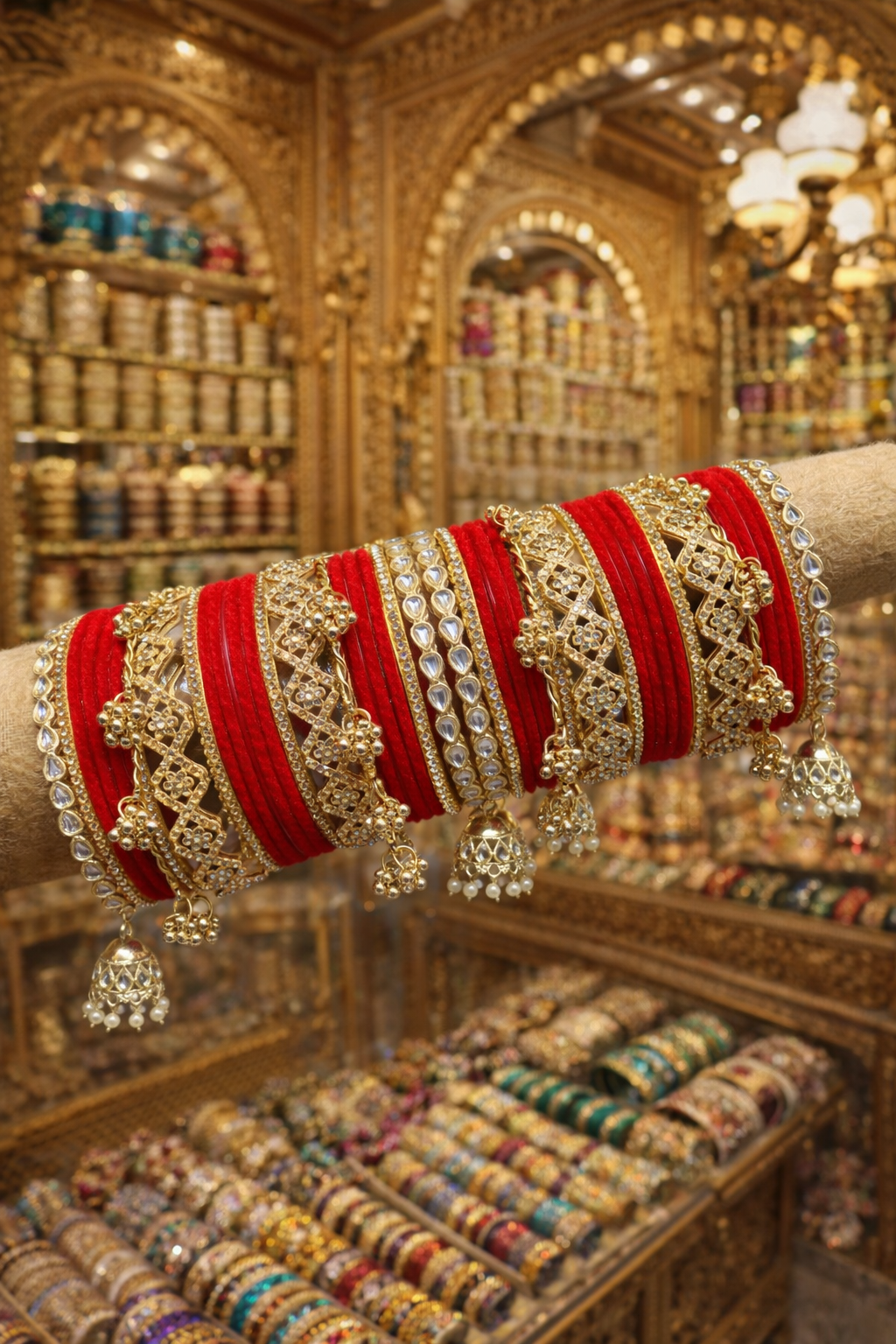Festive American Diamond Kade Bangle Set with Ghungroo & Kundan Jhumka