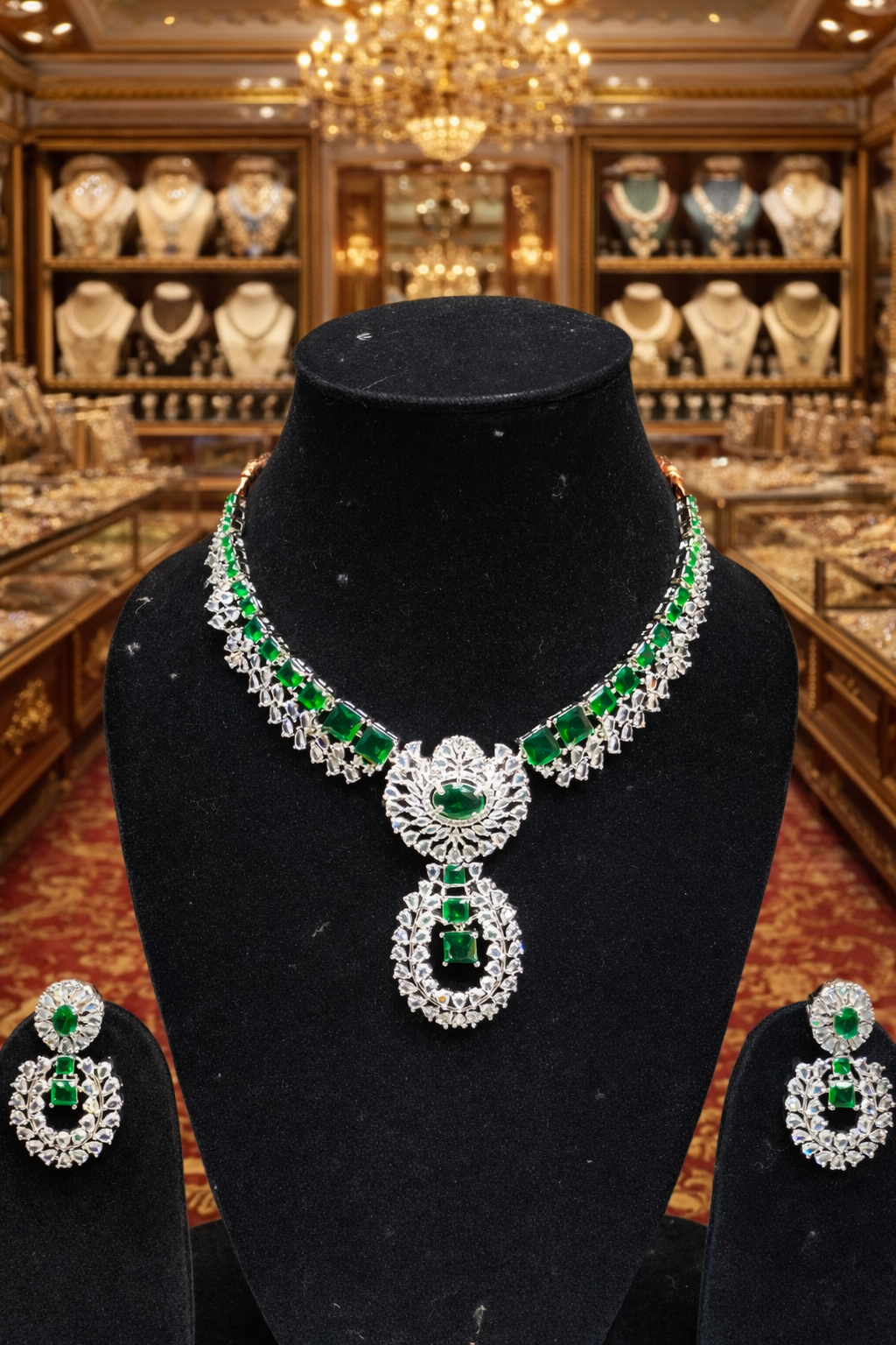 Emerald Green American diamond necklace set