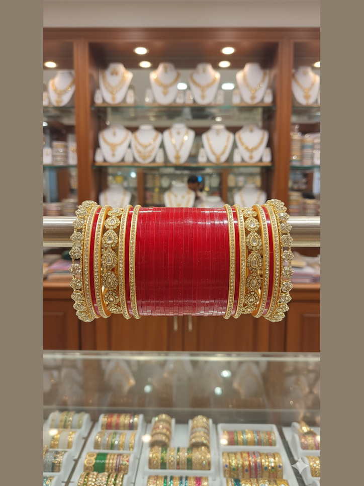 Punjabi Bridal Chuda With Kundan Tilak Kade And Pacheli